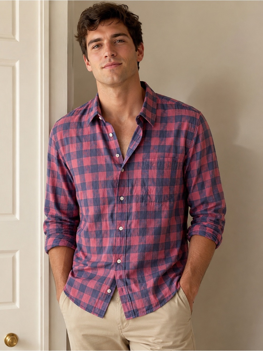 American Eagle Outfitters Plaid Shirt in coral and Blue
